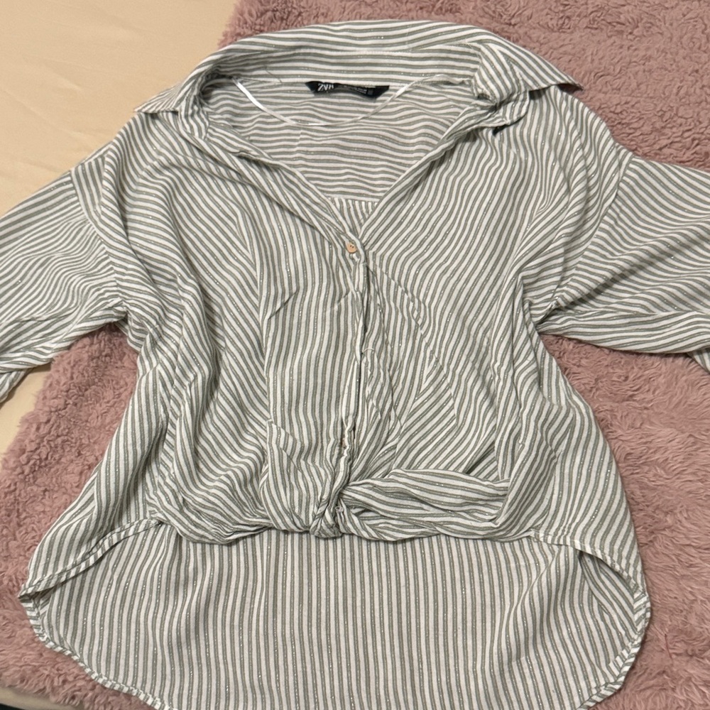 Zara Green Striped Button Down Shirt